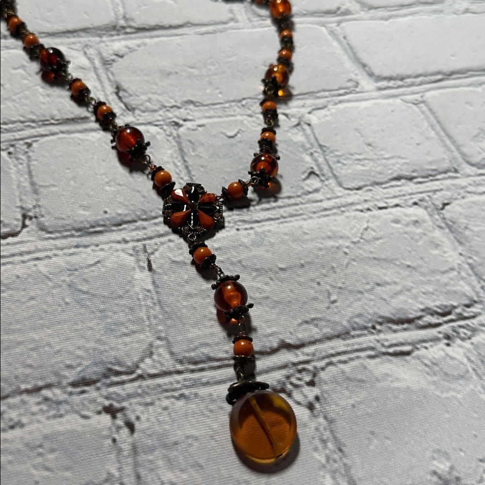 Elegant Burnt Orange Beaded Teardrop Statement Necklace 19” - Picture 5 of 10